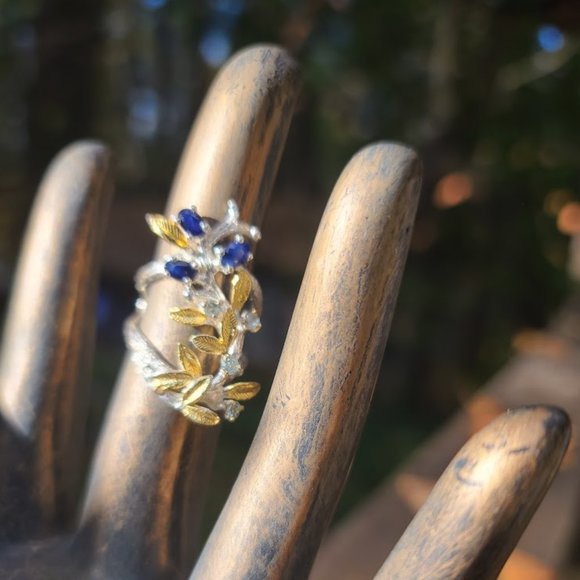 Natural Kharma by Avelon Jewelry - Sapphire & aquamarine sterling & gold finger cuff sz6.5